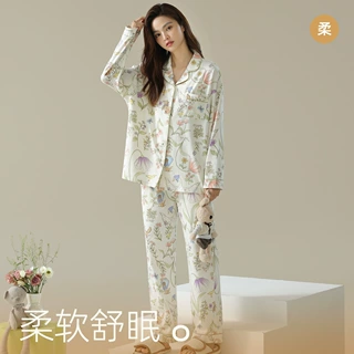 【抗菌新疆棉】秋季新款睡衣女长袖纯棉花卉睡衣女士拉架棉家居服