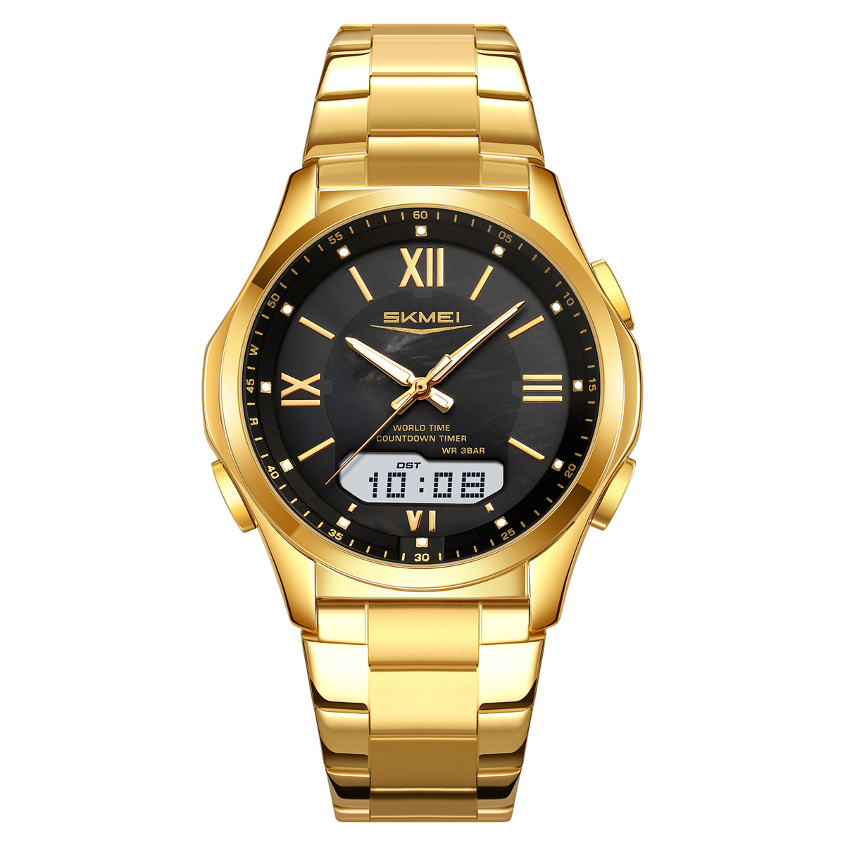 Momento de belleza multifuncional reloj de hombre doble correa de acero reloj de hombre cuenta regresiva horario de verano reloj impermeable al por mayor