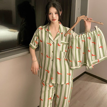 条纹睡衣女春夏小翻领长袖开衫慵懒风休闲套装可外穿大码薄款长裤