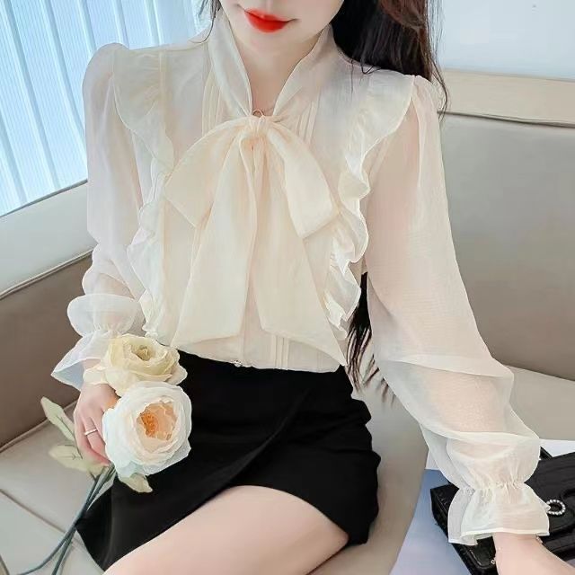 法式荷叶边减龄宽松雪纺衫女2025春秋甜美气质蝴蝶结百搭长袖上衣|undefined