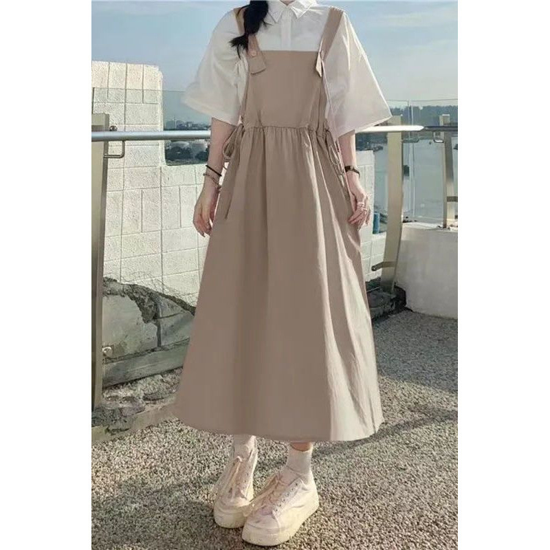 学院风背带裙套装女学生夏季韩版宽松百搭显瘦中长款吊带连衣裙潮