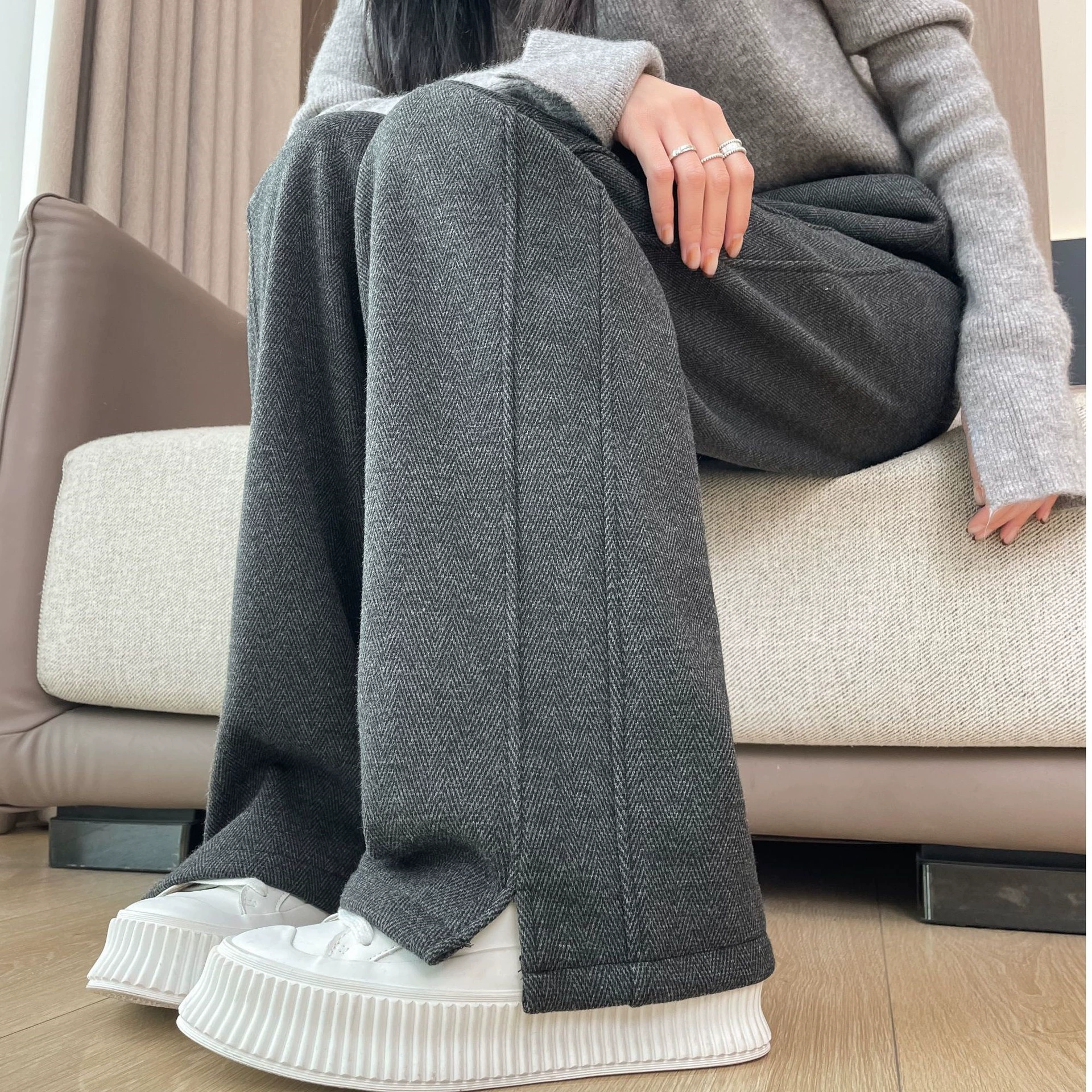 Шевеллинка с открытыми банановыми широкими брюками женские осенние и зимние маленькие большие плюшевые толстые прямые брюки
