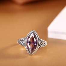 人品银品尼泊尔风格手工戒指S925银镶嵌紫锆切面女士个性开口指环