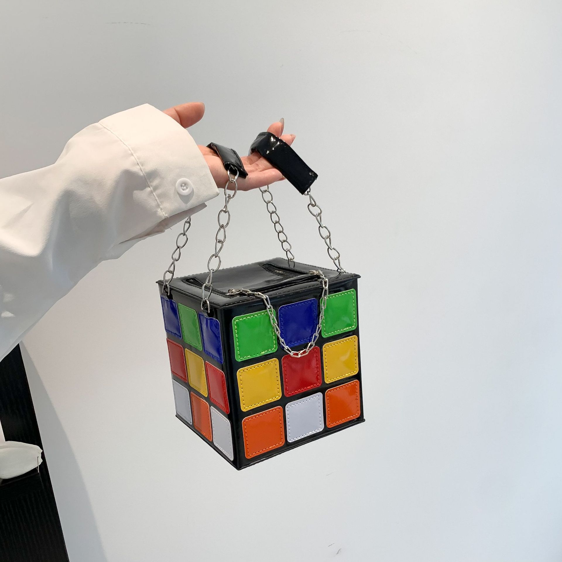跨境个性创意包包女2023新款撞色时尚可爱魔方造型链条手提斜跨包