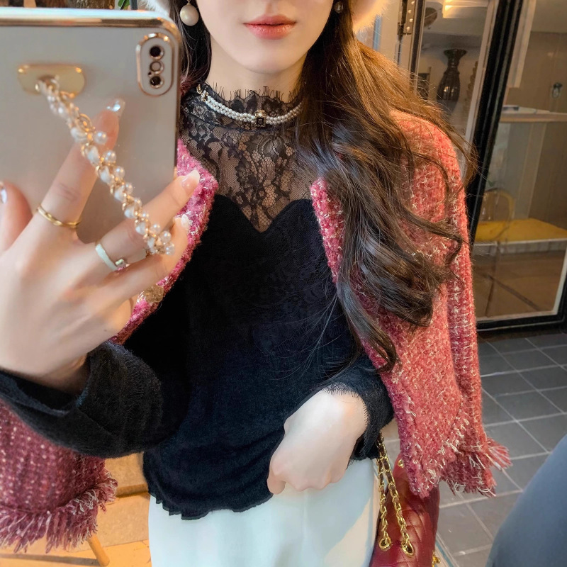 鱼兔子的兔子蕾丝拼接水貂毛毛衣女2025年秋冬白色上衣内搭打底衫|undefined