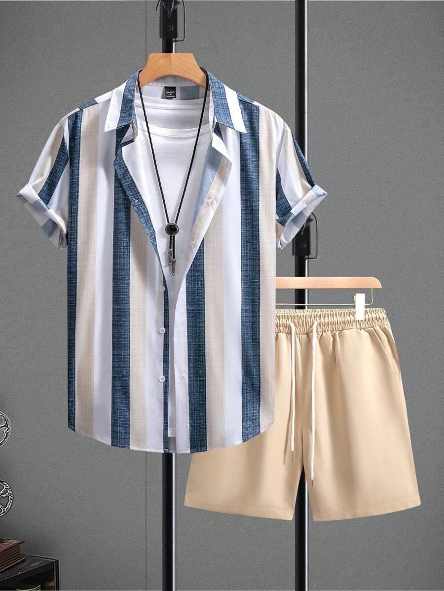 Sencillo contraste color rayas impresión 3D transfronterizo Xiyin venta caliente verano hawaiano vacaciones camisa pantalones cortos traje