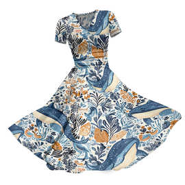 女士情人节爱心连衣裙休闲数码印花图案V领套头短袖收腰连衣裙