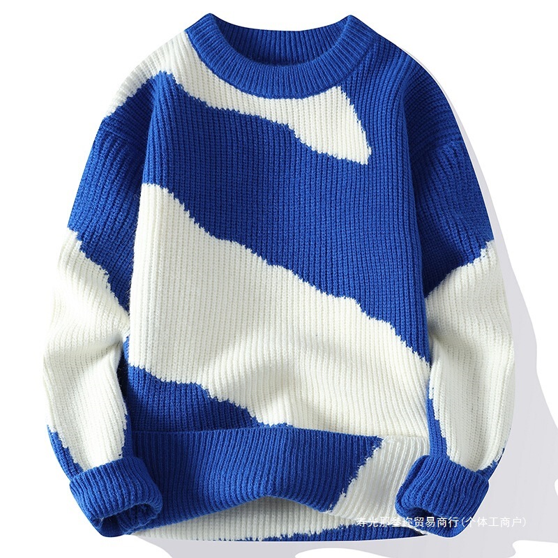 2024 New Personalized Cow Print Sweater for Men, Knitwear with Round Neck, Loose Fit, Color-Block Striped Knit Sweater 2024 New Personalized Cow Print Sweater for Men, Knitwear with Round Neck, Loose Fit, Color-Block Striped Knit Sweater