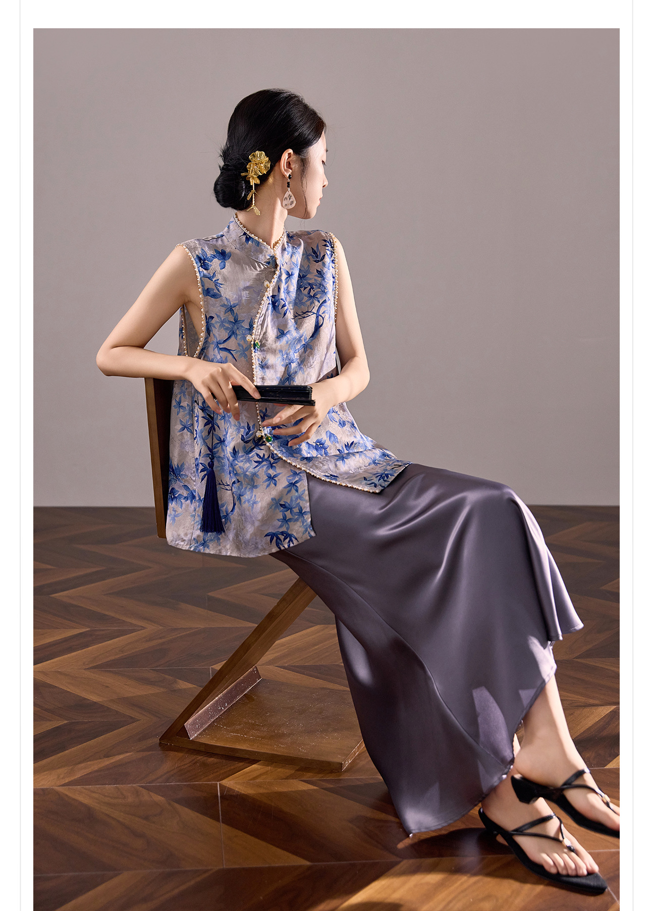 Áo vest gile nữ cổ đứng không tay phong cách cổ điển Trung Hoa, đính chuỗi hạt, mùa hè M8035 — màu xanh chi tiết 6