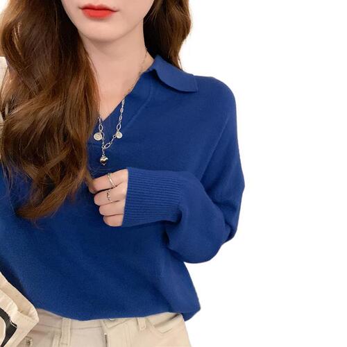 Early autumn thin version polo collar inner long-sleeved base knit top loose lazy style outerwear sweater for women autumn and winter