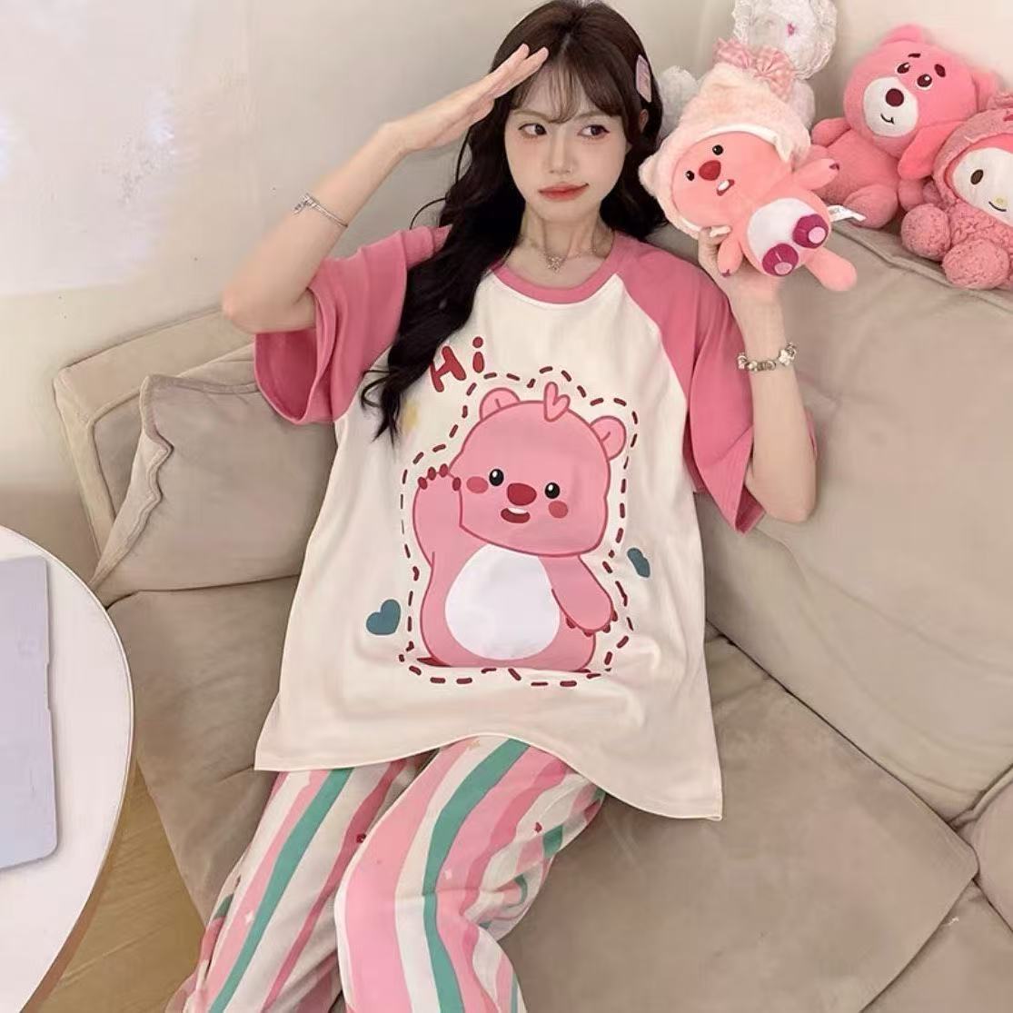 2025 pijamas de mangas cortas de mujer pantalones largos de verano delgados dibujos animados casuales lindos ropa de casa de viento rojo se puede usar fuera