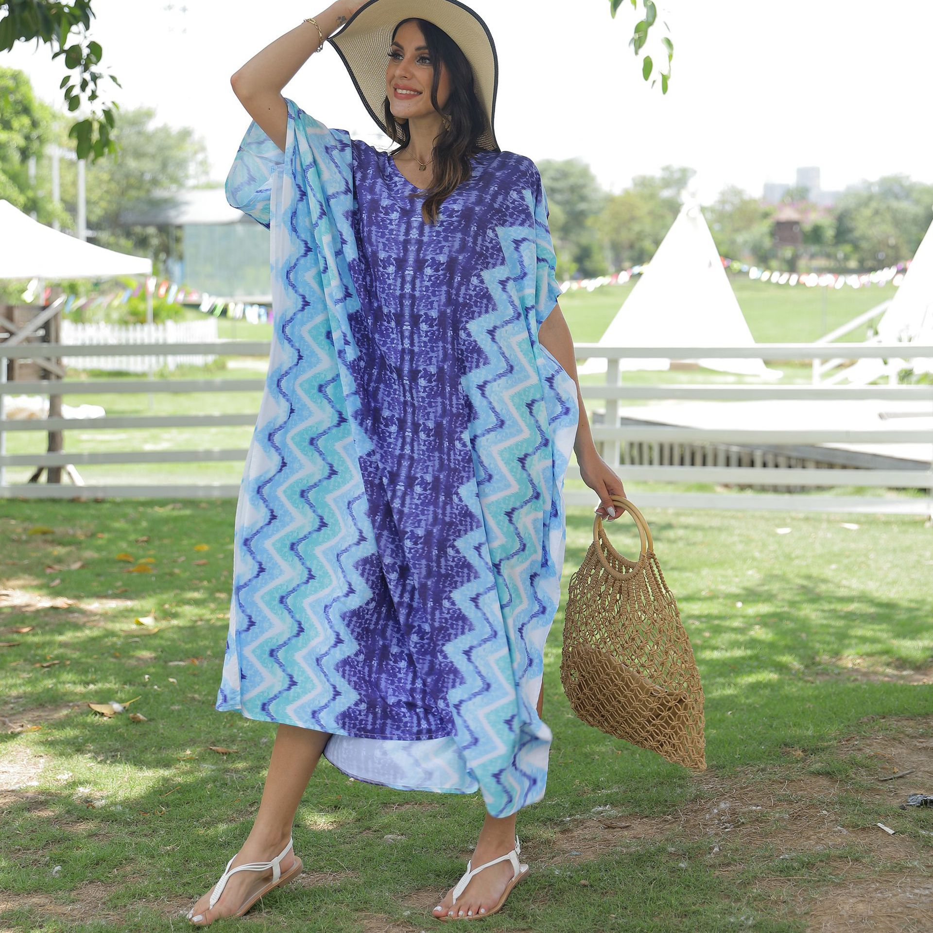 Transfronterizo europeo y americano de secado rápido posicionamiento flor playa vacaciones vestido túnica suelta más tamaño bikini blusa protección solar camisa 5D77