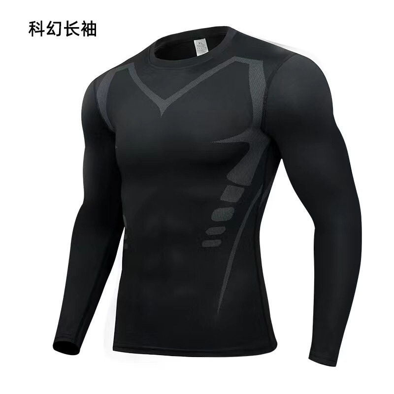 欧米国境を越えた高弾フィットネス服男性タイツ速乾バスケットボール服吸湿排汗ランニング長袖運動訓練服|undefined