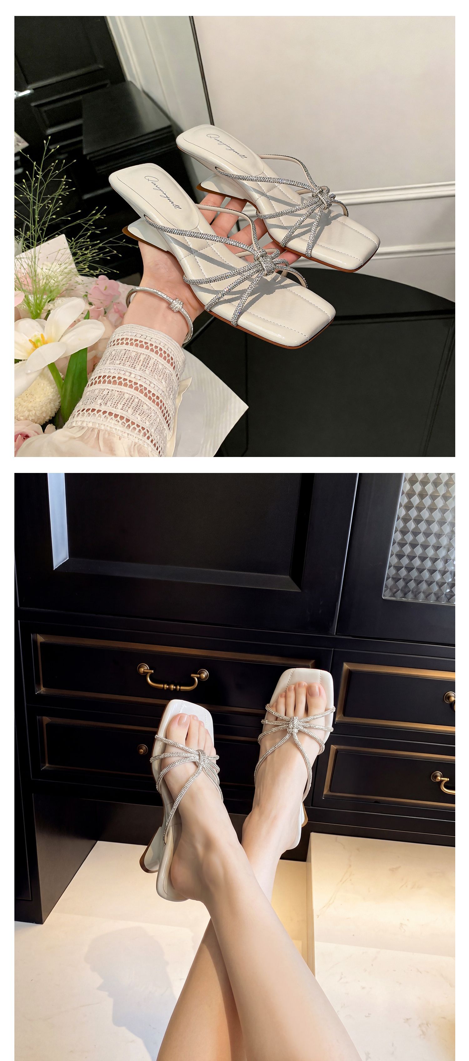 Sandal cao gót nữ mũi vuông quai ngang đính đá pha lê gót xuồng 9 cm — màu đen, màu trắng ngà, màu nude chi tiết 30
