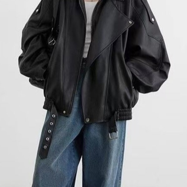 American Heavy Industry Retro Stand Collar Motorcycle Leather Jacket 2025 New Loose Jacket Top Black