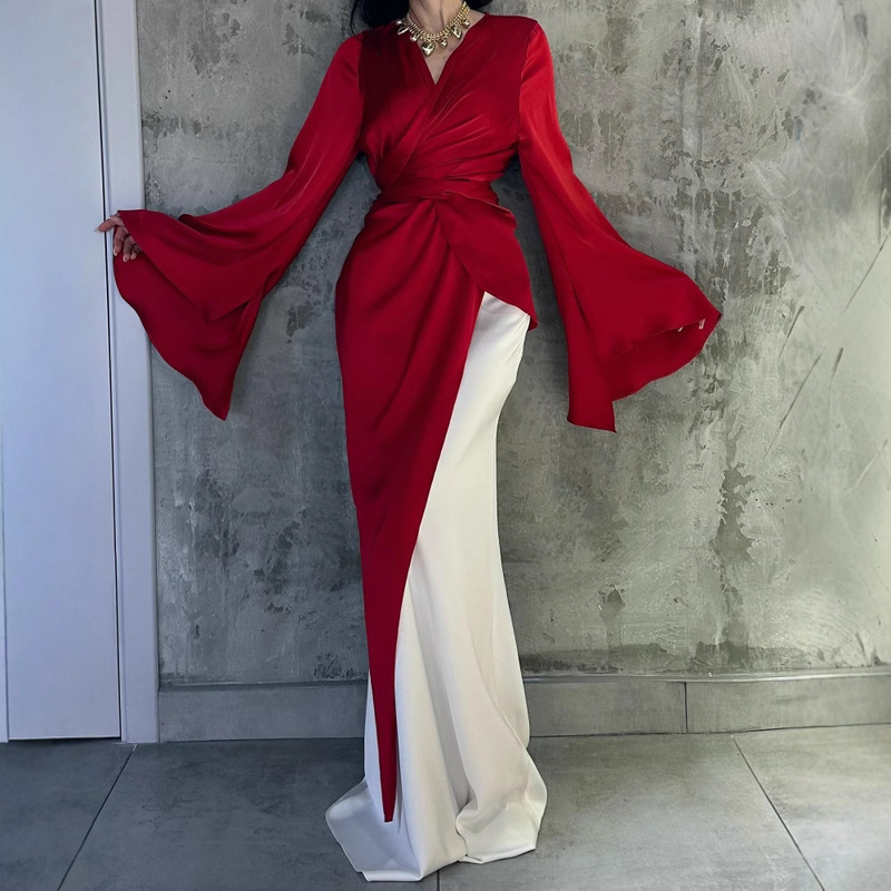 2025 Spring Cross-Border European and American Foreign Trade Women's Clothing Independent Station Amazon Elegant Satin Fake Two-Piece Evening Dress