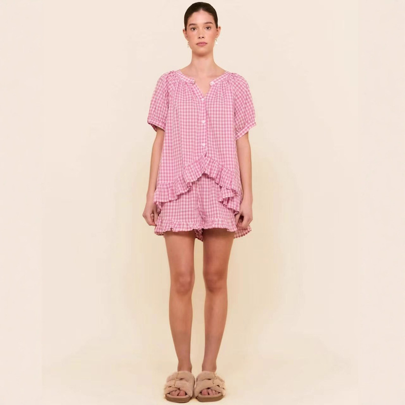 European and American Cross-Border Women's Casual Plaid Pure Cotton 2-Piece Short-Sleeved Ruffled Top and Pants