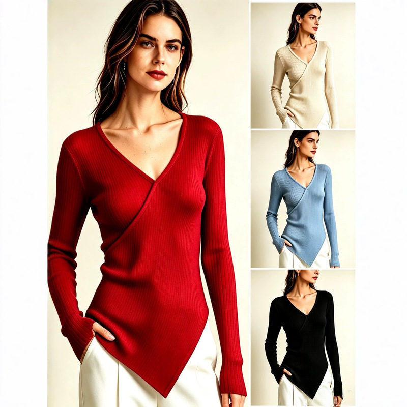 Cross-Border Exclusive Supply for Europe and America, Autumn and Winter V-Neck Ribbed Knit Base Shirt for Women, Irregular Hem Long-Sleeve Inner Top Cross-Border Exclusive Supply for Europe and America, Autumn and Winter V-Neck Ribbed Knit Base Shirt for Women, Irregular Hem Long-Sleeve Inner Top