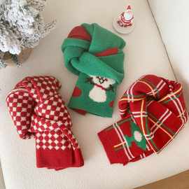 儿童圣诞围巾红色秋冬针织围脖男女童毛线围巾宝宝冬季保暖厚围巾