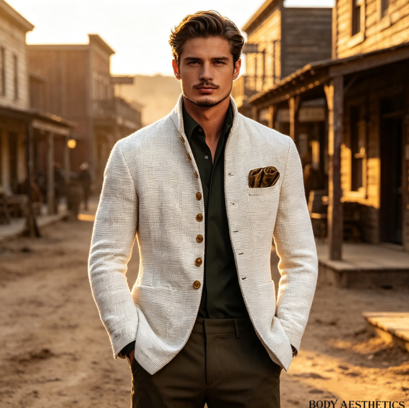 New 2026 European and American Men's Casual Stand-Collar Jacket, Slim-Fit Button-Up Long-Sleeve Blazer with Pockets