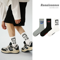 文藝復興原創男襪黑白印花運動潮流中筒襪ins風3雙裝精梳棉襪子男