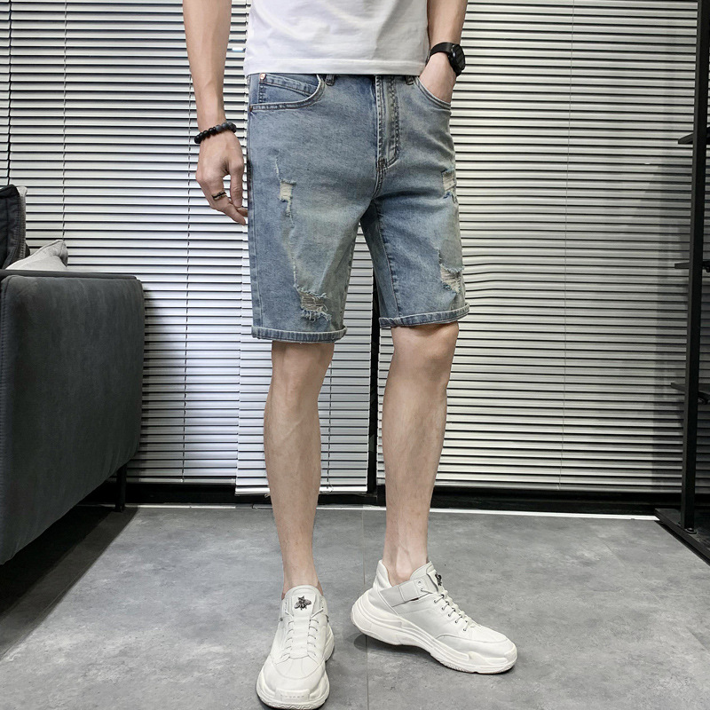 Jean déchiré tendance personnalité short d'été décontracté mince homme court bleu clair pantalon mi-long_voghion.com
