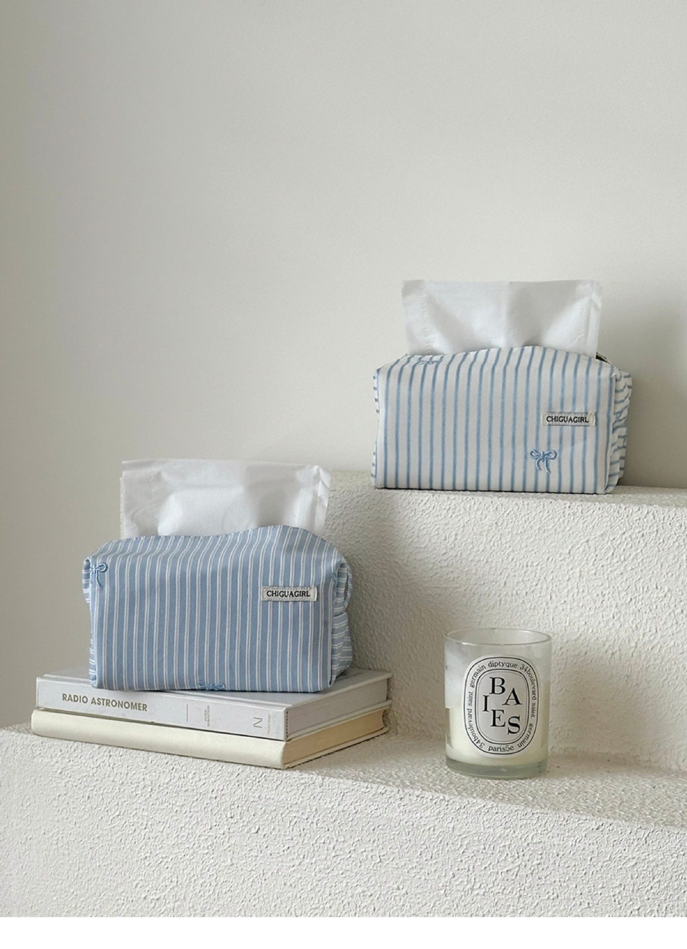 Korean-Style Blue Striped Tissue Box Fabric Tissue Cover with Simple Embroidery, High-End Feel, Desktop Decoration Ornament