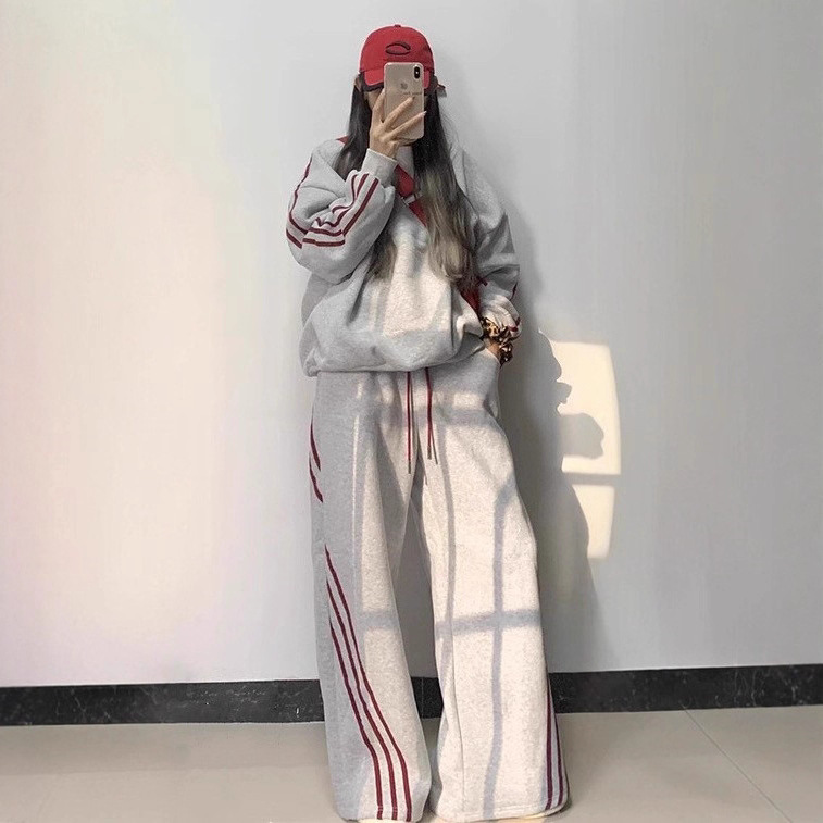 American Street Casual Sportswear Suit for Women in Autumn and Winter, Student Fashion Sweatshirt, Wide-Leg Pants, Running Two-Piece Set