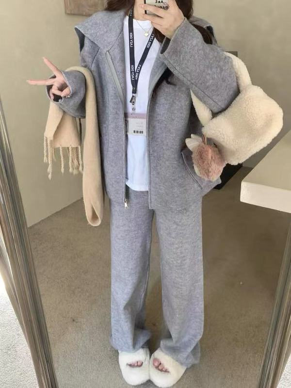 韓国風レイジースタイルスーツレディース新作ドレープワイドパンツootb着用セット高級ラペルセータージャケット|undefined