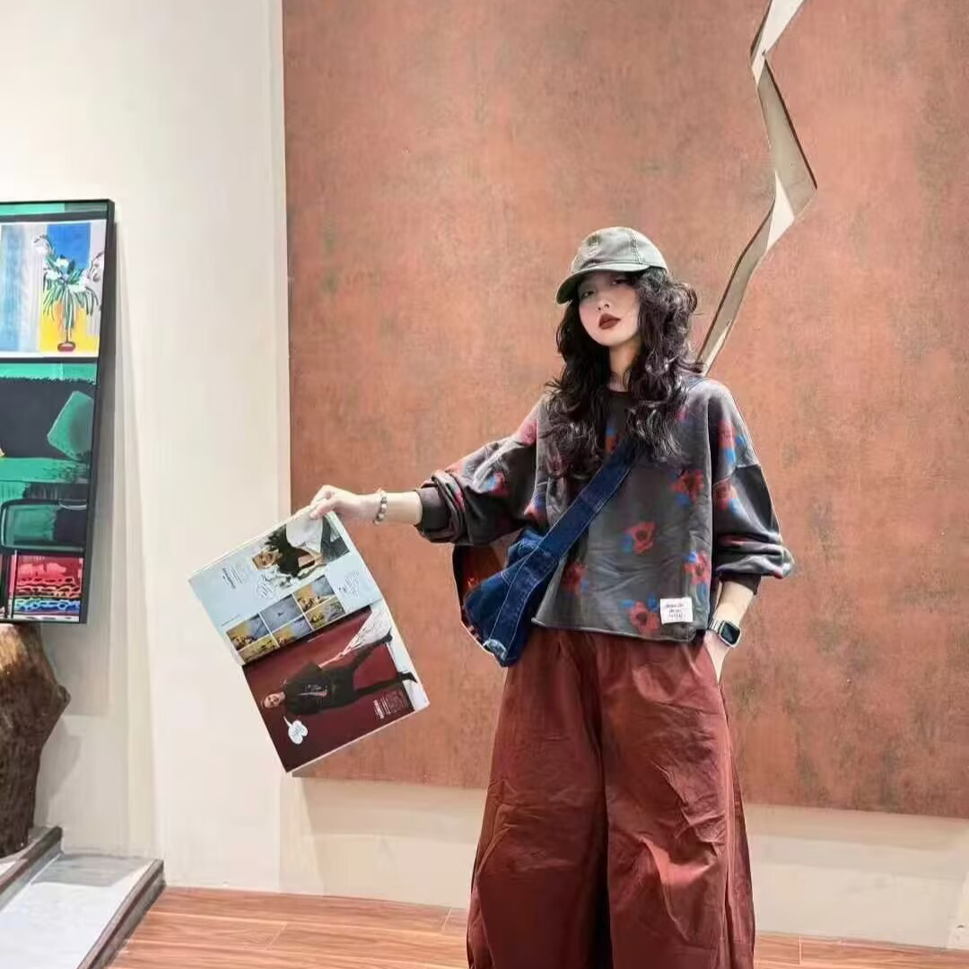 2025秋季新款短款圆领套头印花衬衫T恤休闲上衣文艺复古