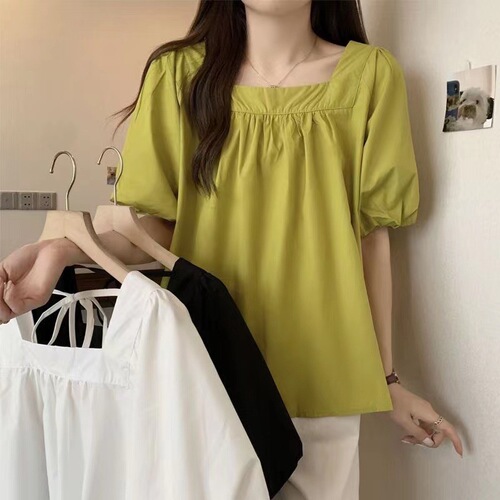 Green Collared Puff Sleeve Blouse for Women - Summer Short Sleeve Loose Plus Size Babydoll Shirt with Design Sense French Top