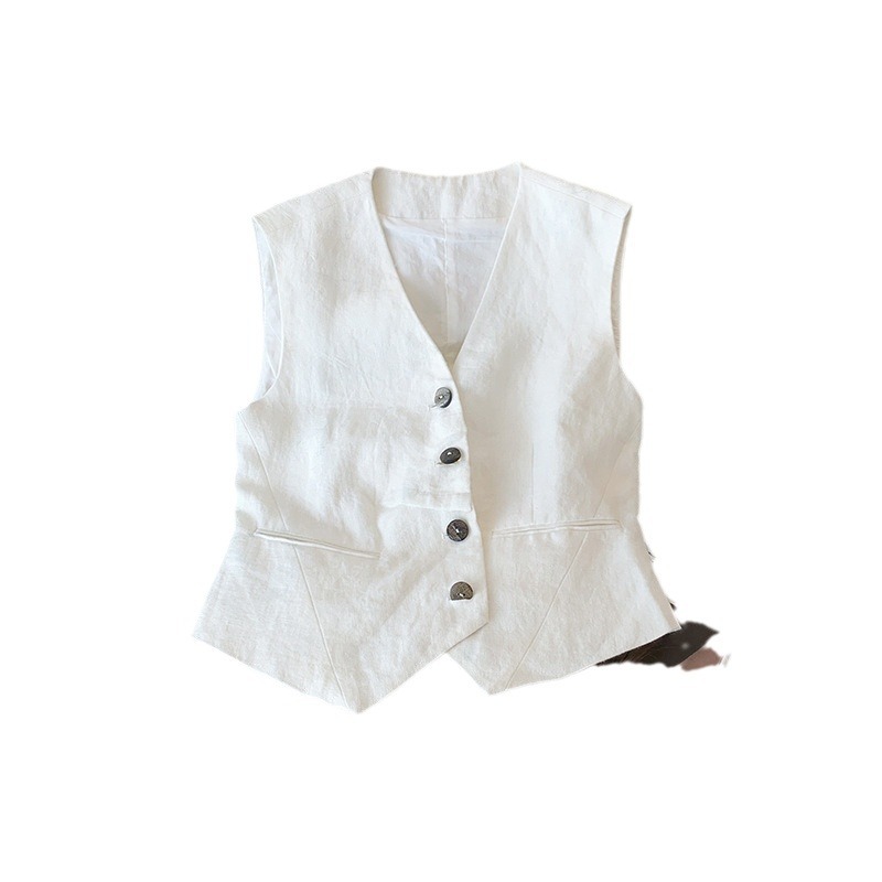 Chaleco de traje de lino con cuello en V blanco Chaleco de verano para mujer Chaleco sin mangas Chaleco superior 2024 Todo fósforo diseño delgado casual