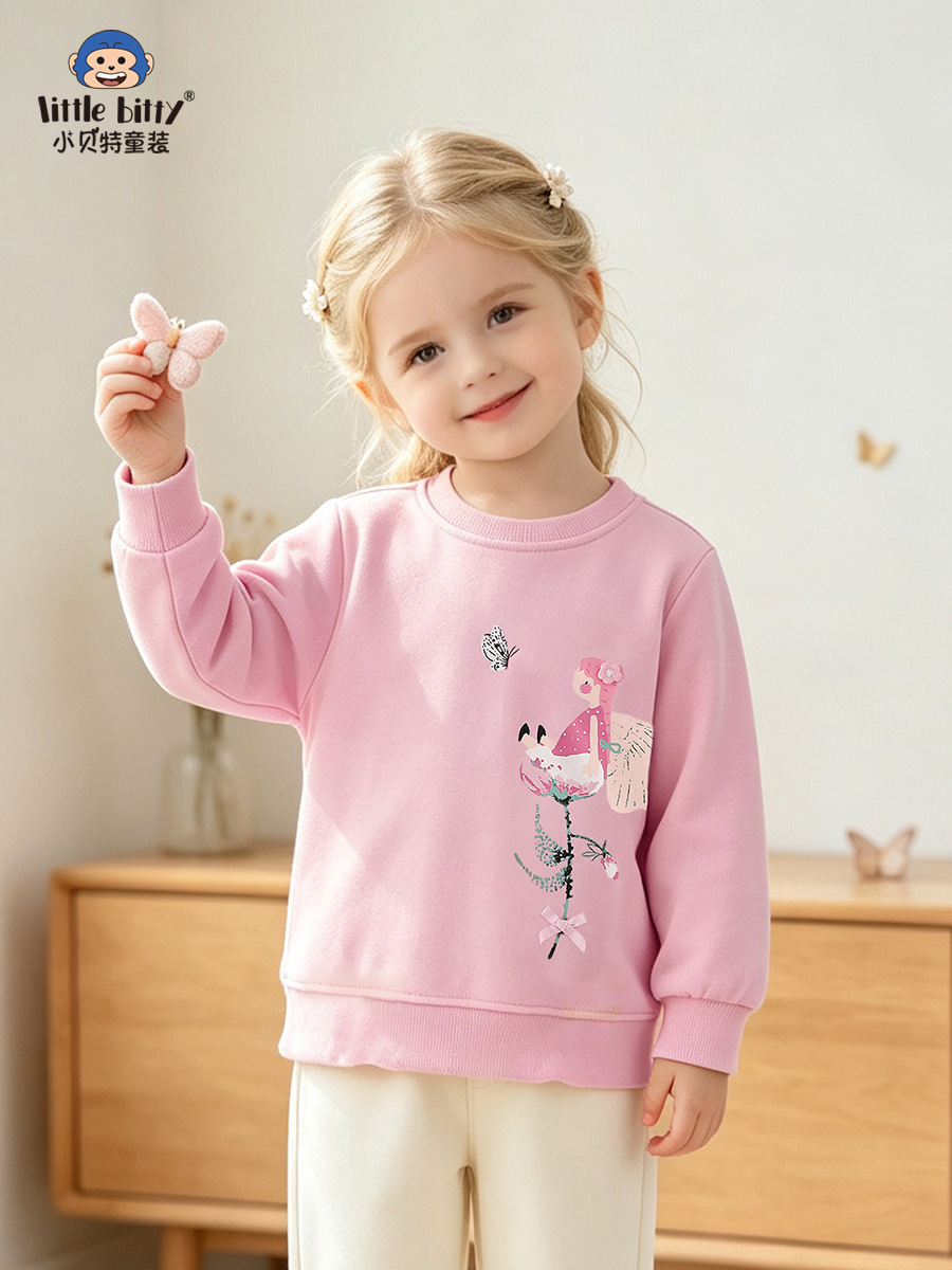 Cross-border children's clothing 2026 autumn and winter cute girls' sweatshirt with floral butterfly fairy print, round neck, long sleeve children's sweatshirt