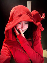 新年红色拉链开衫卫衣女春秋显瘦气质设计感休闲百搭加绒加厚外套