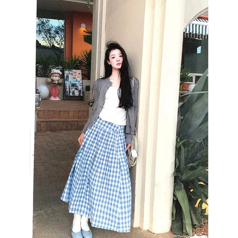 Женская юбка-карандаш в сине-белую клетку, высокая талия, средней длины, экспорт Amazon 2025
