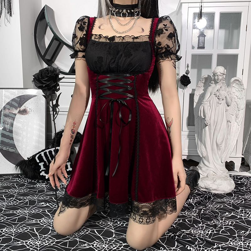 Early Dark Style Lace Stitching Lace-Up Dress NSGYB99106