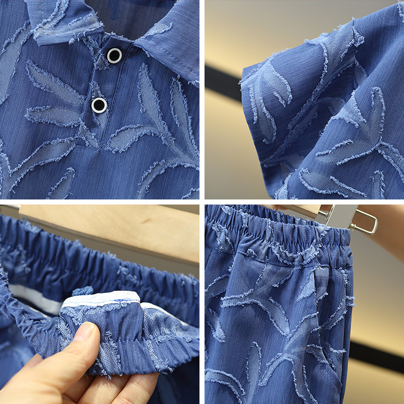 8100 traje de verano para niños 2025 nuevo vestido de verano para niños de moda jacquard manga corta niño neto de dos piezas de moda