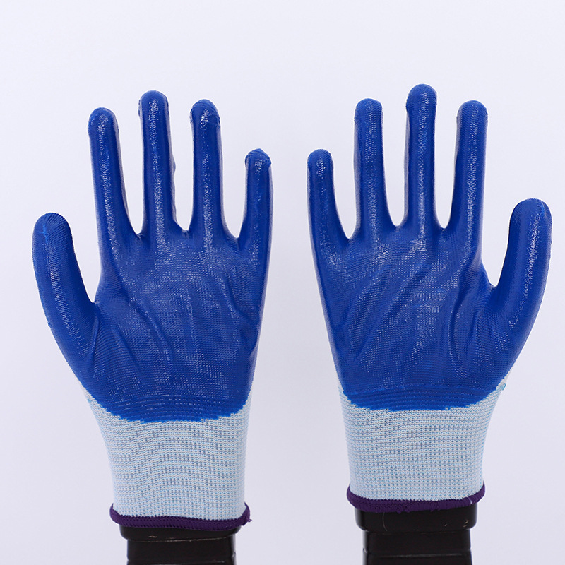 Site work gloves wholesale nylon nitrile dipping gloves non-slip wear-resistant white blue nitrile gloves