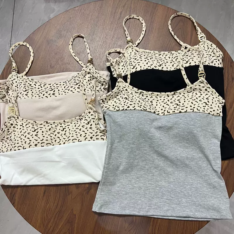 Хлопковый топ с вышивкой контрастного цвета леопардовый принт camisole для женщин с вкладышами в груди, модныйниже в топе