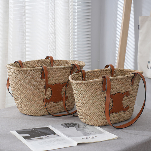 Women's straw single-shoulder handbag, large-capacity summer travel beach bag, handmade woven basket-style underarm tote