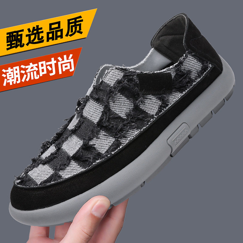 Giày lười nam vải bạt phối sợi da, mũi tròn, đế bằng cao su, kiểu mới dễ phối đồ — G88666 màu vàng, G88666 màu xanh dương, G88666 màu đen