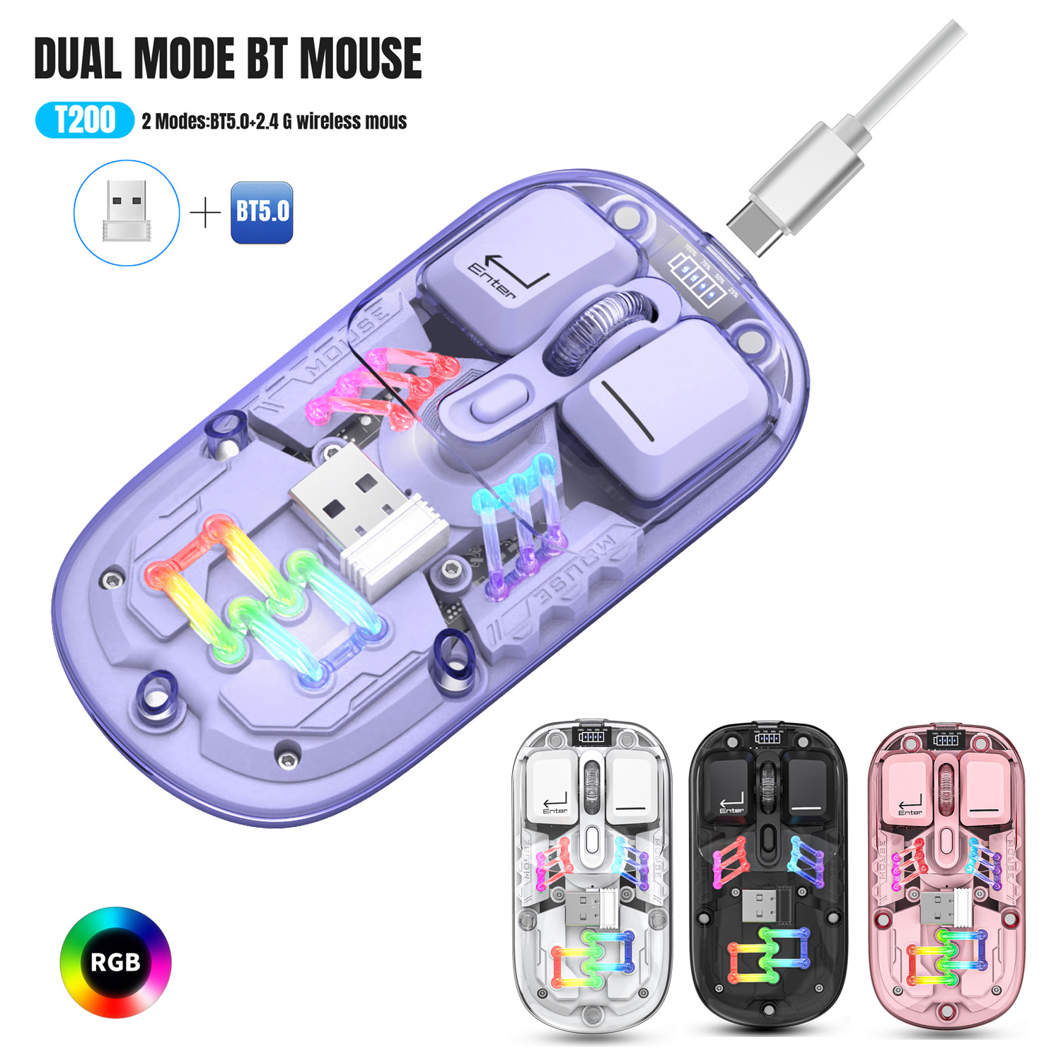New Dual Mode Wireless Mouse 2.4G/Bluetooth 5.0 Charging Transparent Mouse Magnetic Design RGB Cross Border in stock