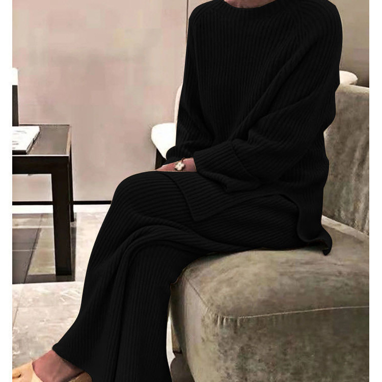 欧美女装2024秋冬亚马逊热卖长袖纯色针织休闲两件套毛衣欧美风|undefined