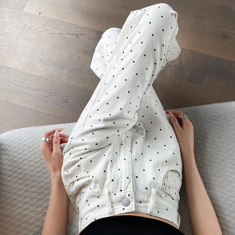 Wide Leg Straight Poll Dot Jeans Women's Autumn 2024 Korean-style Playful Loose High Waist Design White Casual Pants