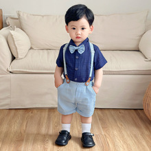 欧美绅士夏款儿童套装宝宝正装polo衬衫背带短裤宴会礼服男童夏装