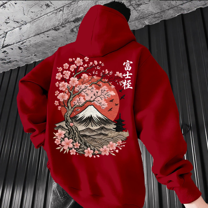 Japanese-Style Mount Fuji Cherry Blossom Embroidery Print Hooded Sweatshirt, Heather Gray Loose Fit Drop Shoulder Unisex Jacket Japanese-Style Mount Fuji Cherry Blossom Embroidery Print Hooded Sweatshirt, Heather Gray Loose Fit Drop Shoulder Unisex Jacket
