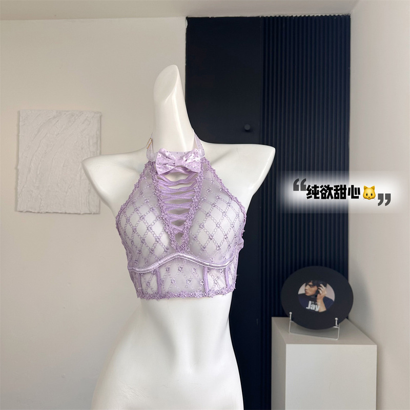 Seriously sell bow rhombus pattern rhinestone strap high collar neck bra suit beautiful gallon