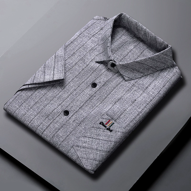 Мужская рубашка с короткими рукавами, лето 2025, новый стиль, однотонная рубашка из хлопка и льна с лацканами, топы для папы среднего и пожилого возраста без утюга