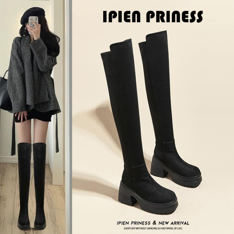 Thick-Heeled Boots for Women 2025 Spring and Autum New Thick-Soled Over-The-Knee High Boots for Small People Slim Boots