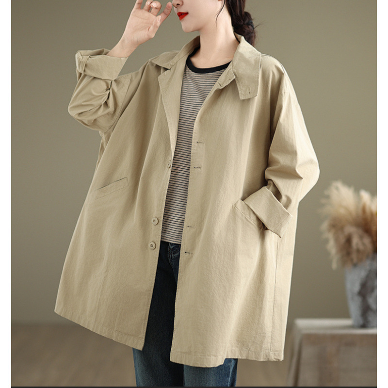 实拍2025春秋季新款中长款简约风衣女休闲百搭宽松显瘦韩版外套